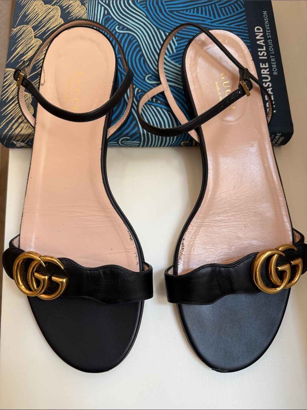 Gucci Black Leather Gold Double G Ankle-Strap Sandals